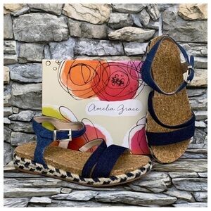 #05 Amelia Grace Giavi Boho Denim Braided Espadrille Sandals Shoes Glitter Cork